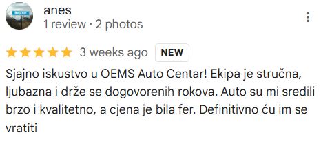 Pozitivna recenzija auto servisa OEMS Centar Sarajevo